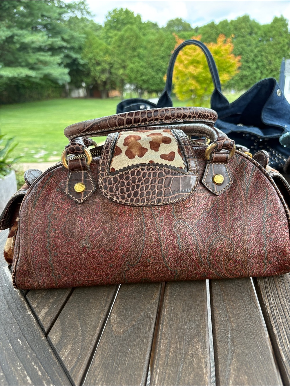 Etro Rare Brown and Cream Animal-Print Satchel with Gold Hardware - Picture 3 of 17